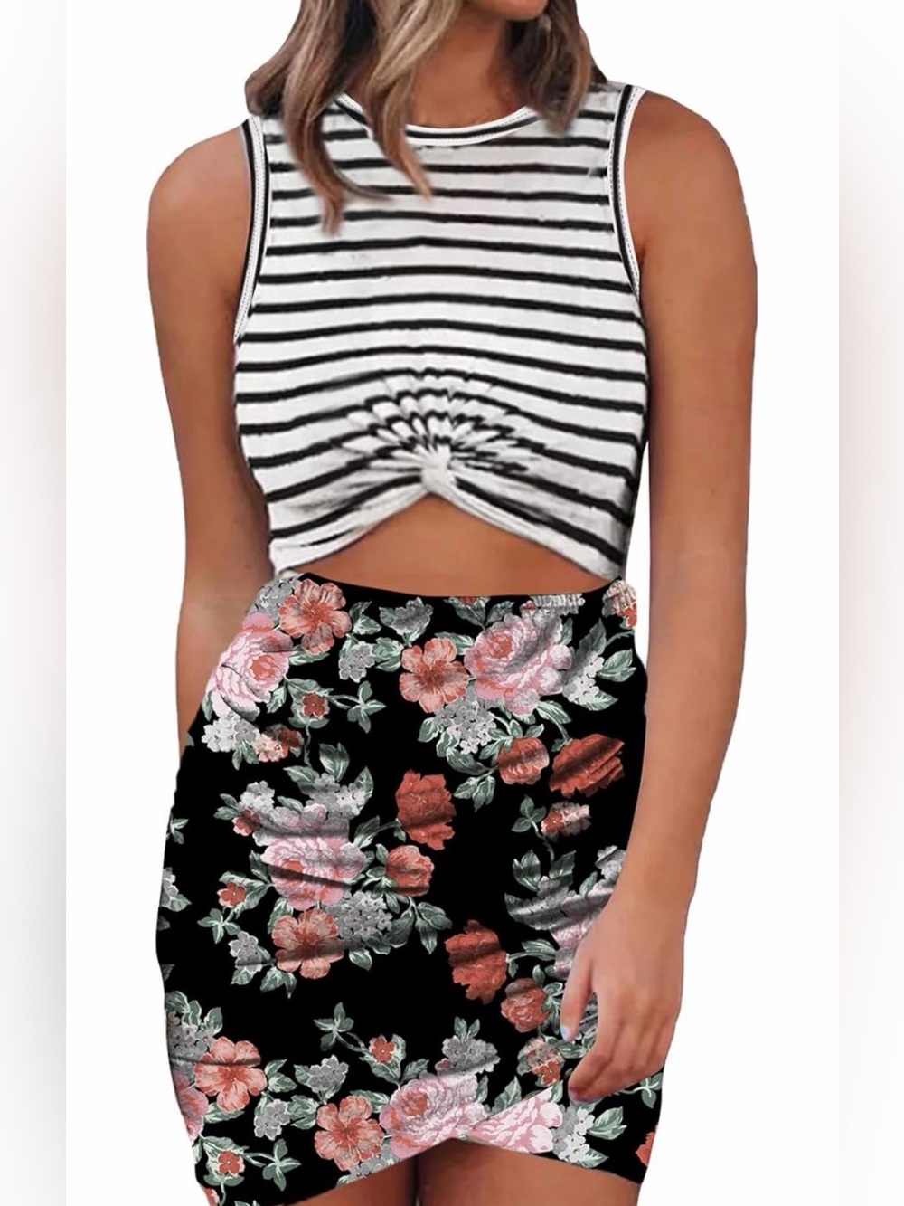 Acelitt Striped & Floral Twist-Back Stretchy Sundress - Black/White Pink Roses